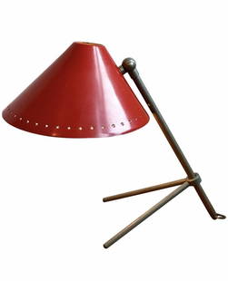 Pinocchio Table or Wall Mount Lamp by H. Busquet 1950s: Mid century Pinocchio, table or wall mount lamp designed by H. Busquet, circa 1950.Manufactured by Hala Zeist, Netherlands, circa 1950.Adjustable metal tripod base, vibrant red lacquered shade.