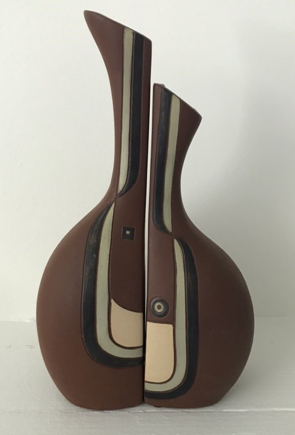 Mid Century Modern Fired Clay Vase, Hallmarked, 1960's: Very cool mid century modern fired clay vase, set of two with matte colored decorative inlay, hallmarked, 1960's