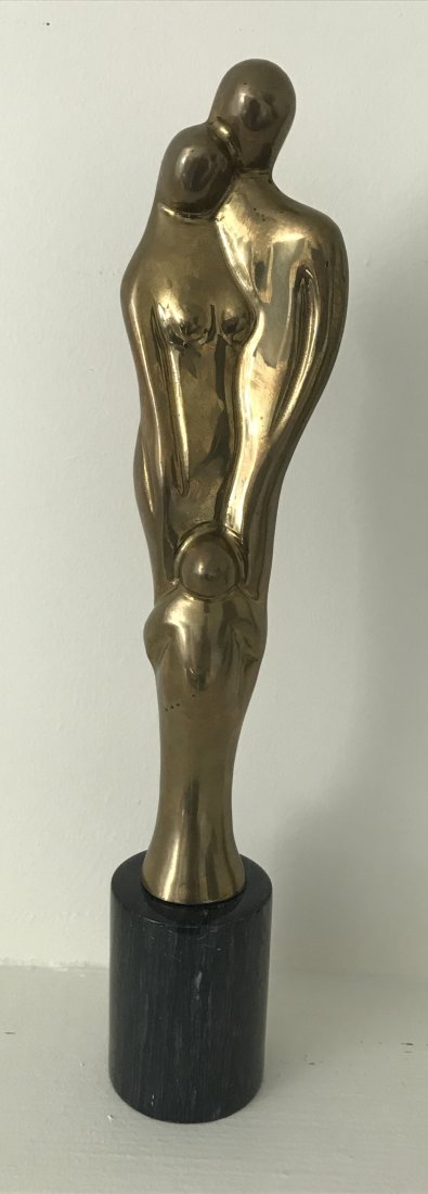 Mid Century Modernist Bronze Parent & Child Sculpture: Modernist bronze sculpture of father and mother holding child, great patina, mounted on stone, artist unknown.