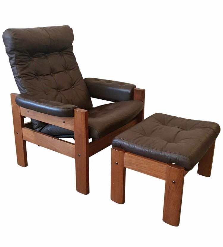 Mid Century Teak and Brown Leather Recliner, German (1 of 5)