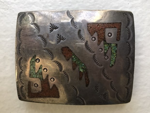 Sterling Silver Navajo Turquoise Coral Belt Buckle: Vintage sterling silver Navajo belt buckle with coral and turquoise inlay, artist signed 2J.Dimensions 2.50 inches by 2 inches.