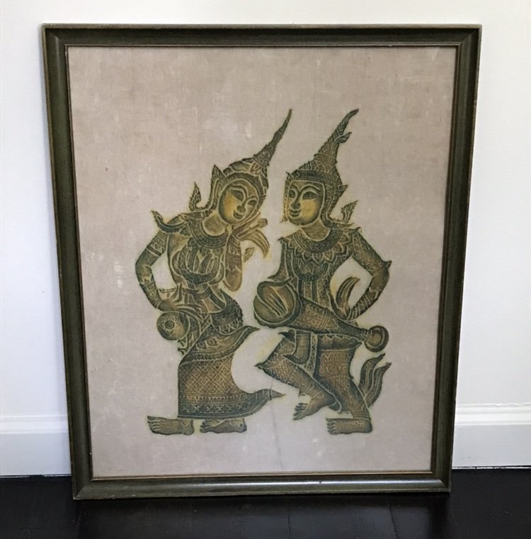 Mid Century Siam Temple Rubbing: Colorful mid century Siam temple rubbing, original frame.