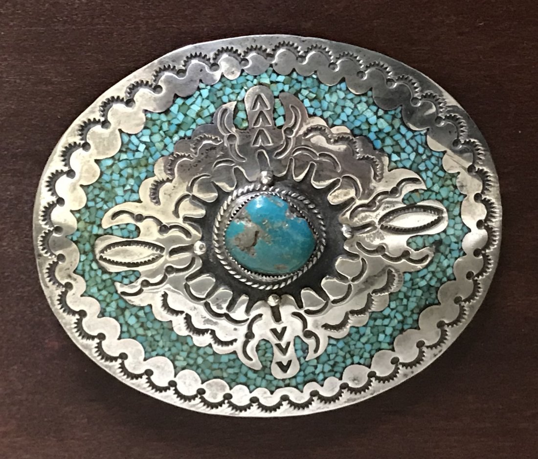 Vintage American Indian Sterling Silver Belt Buckle: Nice American Indian handmade sterling silver and turquoise belt buckle by A. Charley HMIJ Handmade Indian Jewelry.