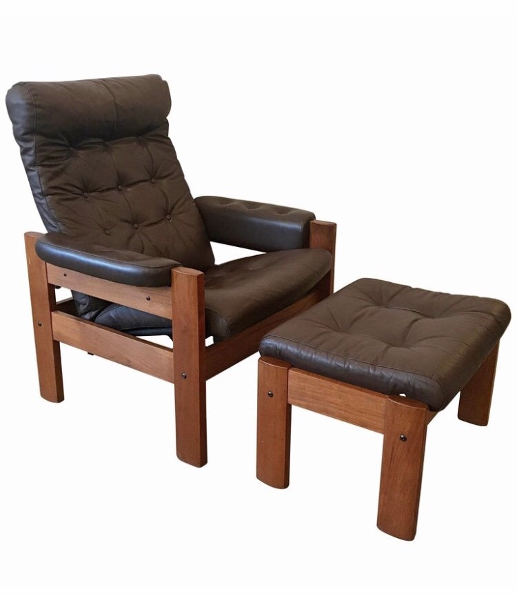 Mid Century Teak and Brown Leather Recliner, German (1 of 5)