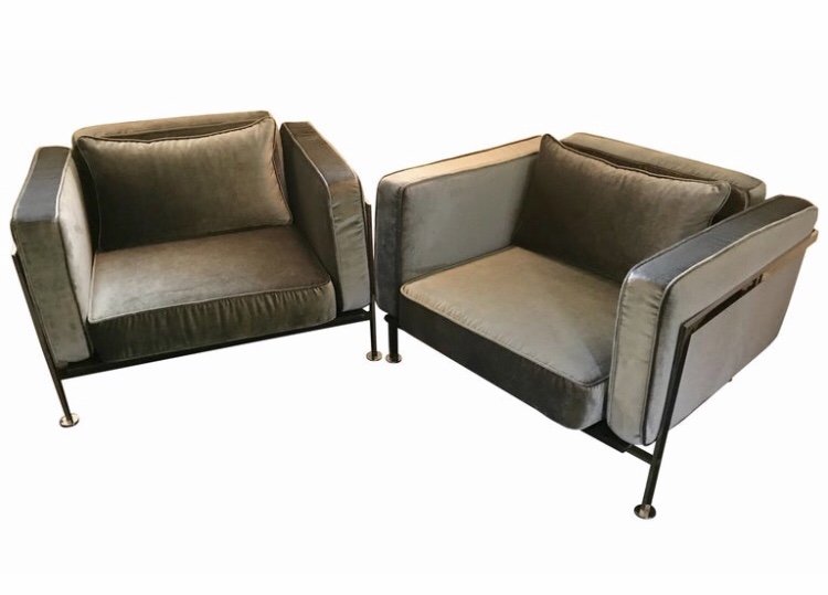 Pair of Robert Haussmann Chrome Frame Club Chairs: Pair of Robert Haussmann Chrome Frame Club Chairs, 1970s Reupholstered in slate gray velvet, new webbing on seat frames. Come with additional seat cushion but we like them without, very chic.