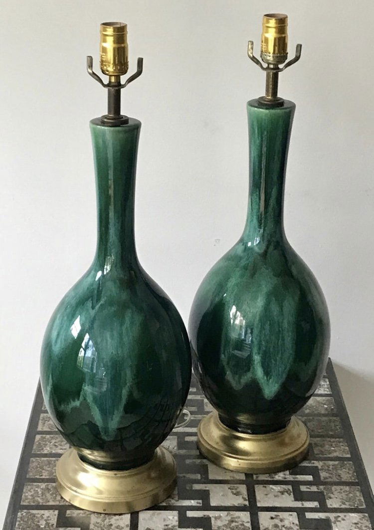 Mid Century Green Drip Glaze Ceramic Table Lamps 1960s (1 of 4)