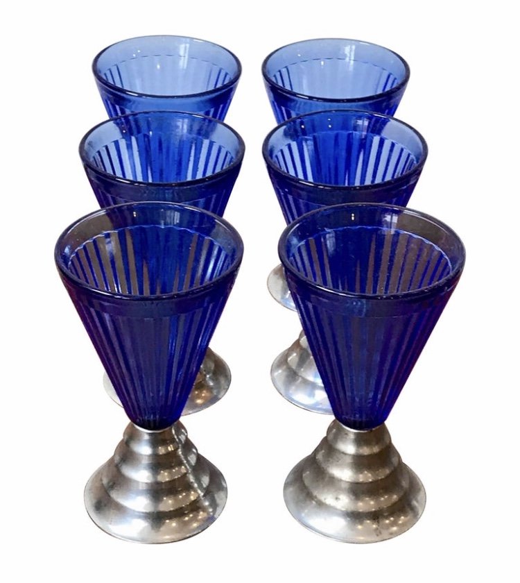 Six Vintage Art Deco Cobalt Blue Glass Cordial Glasses (1 of 4)