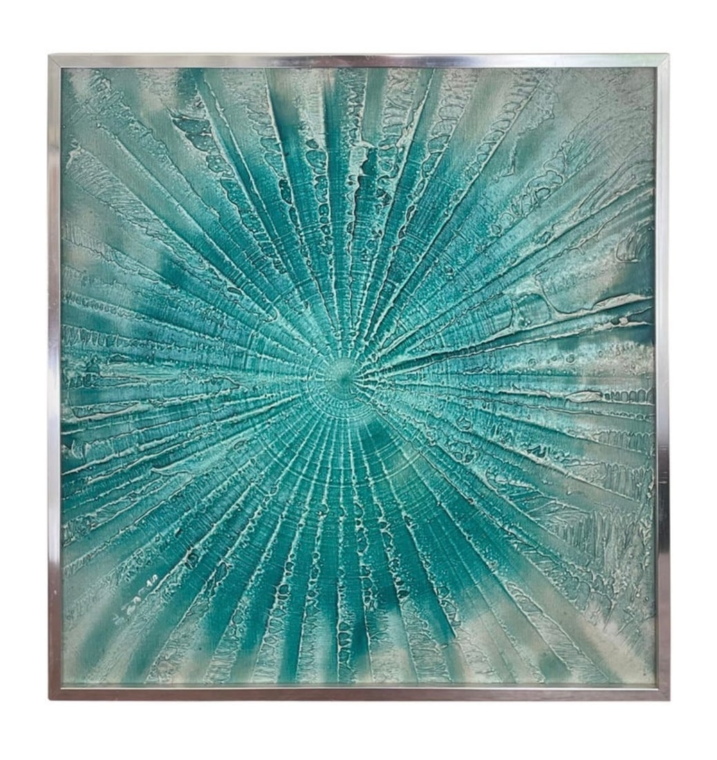 Mid Century Modern Turquoise "Spin Art" Acrylic Painting in the Style of Damien Hirst (1 of 4)