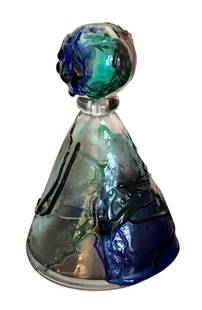 Mid Century Modern Murano Art Glass Decanter, Hand Blown, Italy, Signed: Mid Century vibrant hand blown Murano glass decanter with stopper, signed by the artist, Italy. 9.25" x 6" diameter.