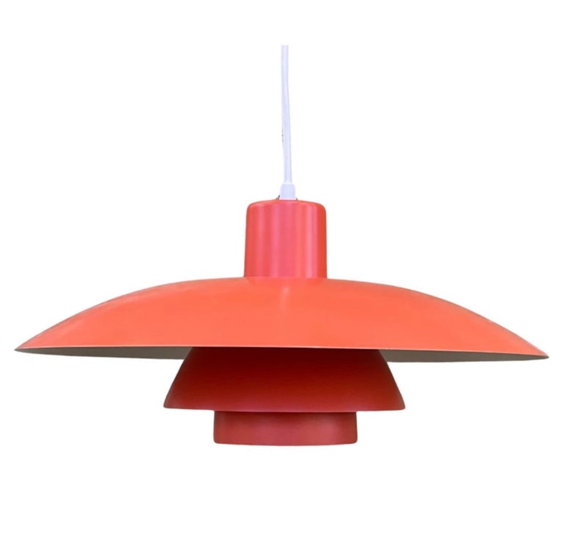 Mid Century Orange Pendant Light by Poul Henningsen for Louis Poulsen, Denmark: Authentic Mid Century Poul Henningsen for Louis Poulsen orange pendant light consisting of three curved shades. Professionally rewired with approximately 8 feet of white coated wire.16" diameter x 8" 