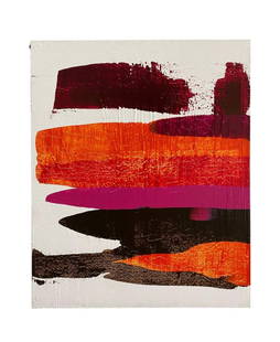 Mid Century Contemporary Abstract Painting In The Style of Gerhard Richter: Beautiful Mid Century orange abstract painting in the style of Gerhard Richter, heavily textured, acrylic on canvas.21" x 17"