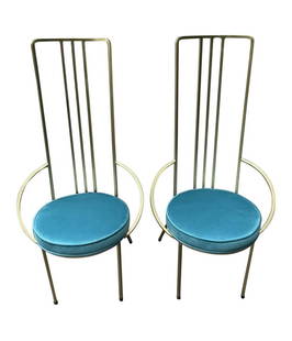 Pair of Mid Century Modern Gold Leaf Iron Side Chairs, Round Blue Velvet Seats: Pair of Mid Century Modern iron side chairs in gold leaf with vibrant blue velvet seats, freshly painted and reupholstered. 47" tall x 24" wide x 20" deep x 18" seat height