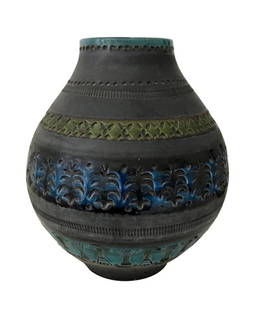 Mid Century Modern Ceramic Vase by Aldo Londi for Bitossi, Italy, 1960's: Beautiful Mid Century Modern colorful textured ceramic vase by Aldo Londi for Bitossi, Italy. 9.50" tall x 8.80" diameter.