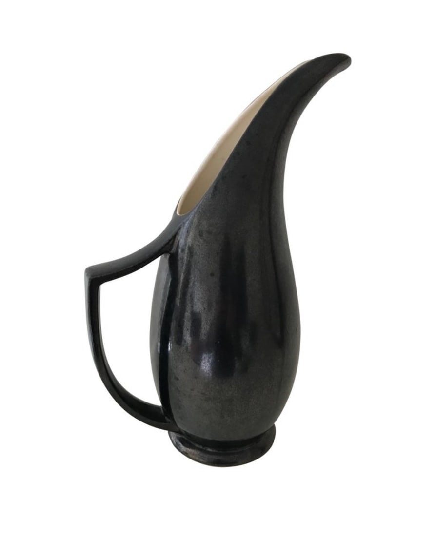 Mid Century Modern Ceramic Water Pitcher, Black Metallic Glaze (1 of 6)