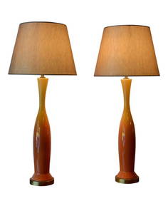 Pair of Mid Century Modern Table Lamps Orange Yellow Ombre Glazed Ceramic (1 of 4)