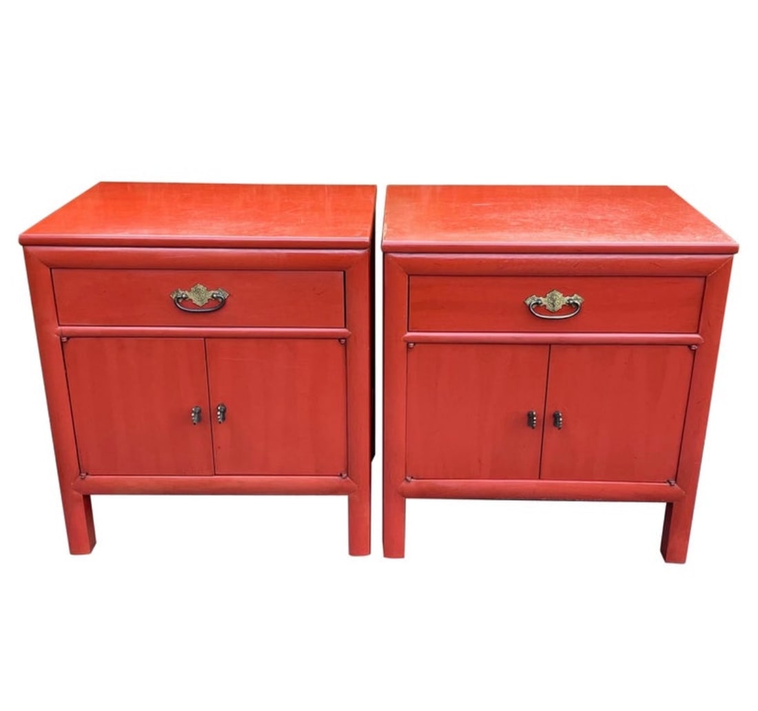 Pair of Hollywood Regency Asian Inspired Nightstands or Side Tables, Paprika Color (1 of 8)