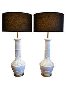 Pair of Mid Century Modern White Table Lamps, Ceramic with Palm Leaf Relief (1 of 5)