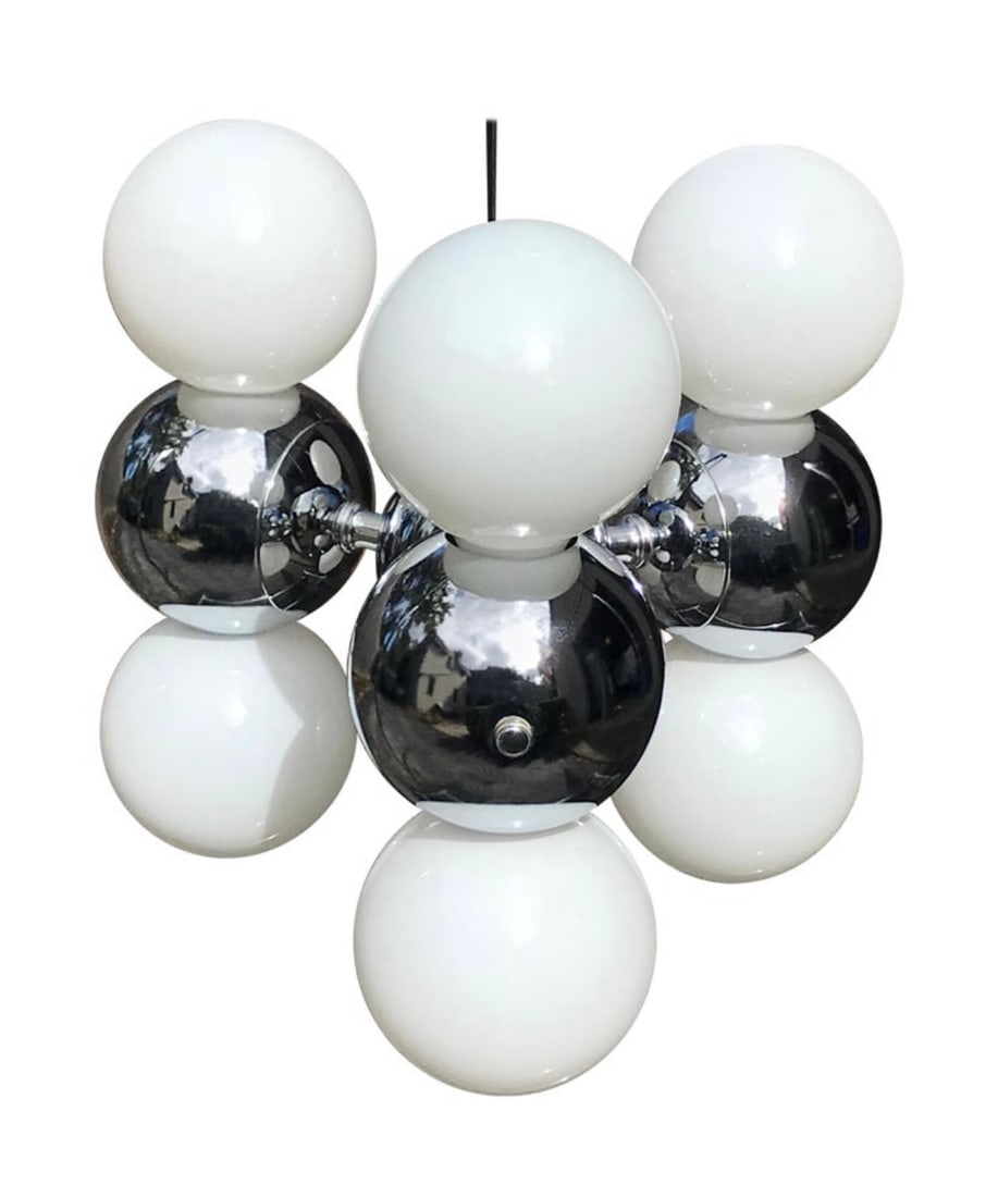 Mid Century Modern Pendant Light, Stacked Six Round Bulbs, Chrome Base (1 of 5)