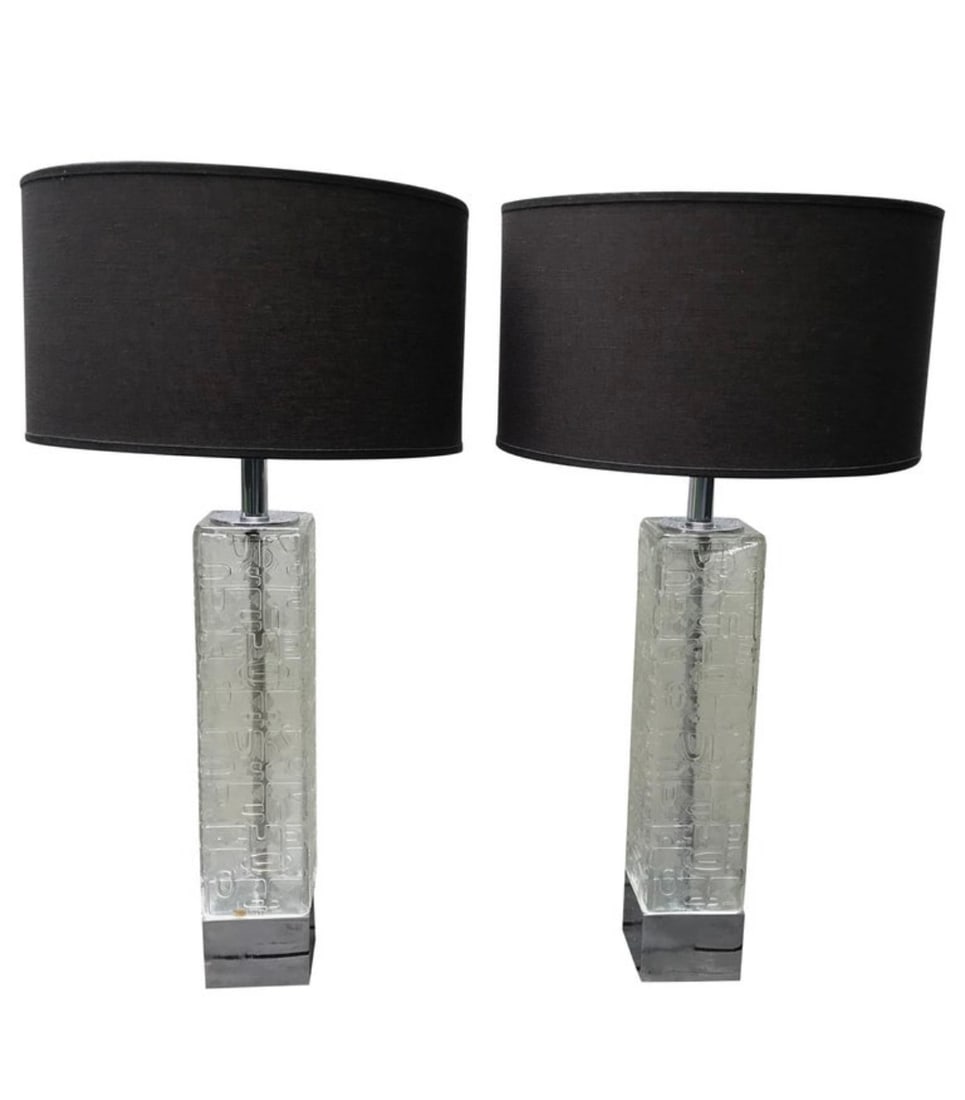 Pair of Mid Century Modern Large Etched Clear Glass Table Lamps (1 of 6)