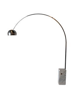 Mid Century Modern Italian Arco Floor Lamp by Pier Giacomo & Achille Castiglioni: The Arco lamp is a modern overhead lamp designed by brothers Pier Giacomo and Achille Castiglioni for Flos, Italy. The lamp is characterized by a suspended spun aluminum pendant attached to an upright