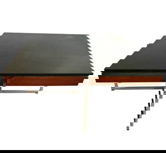 Mid Century Slate & Chromed Steel Coffee Table by Fabricius & Kastholm, Denmark: Mid Century Modern square slate top coffee table with teak frame and chromed steel base. Designed by Preben Fabricius and Jorgen Kastholm, 1960's, Denmark. 35.50" x 35.50" x 18" tall.