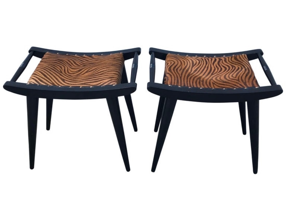 Pair of French Regency Side Stools, Black Lacquered with Zebra Printed Calf Hair Seats (1 of 6)