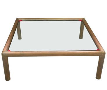 Mid Century Square Tubular Brass Coffee Table with Glass Top, Impressive Size: Large scale Mid Century square tubular brass coffee table with new glass top. Beautiful patina in the brass base. 47" x 47" x 16" tall.