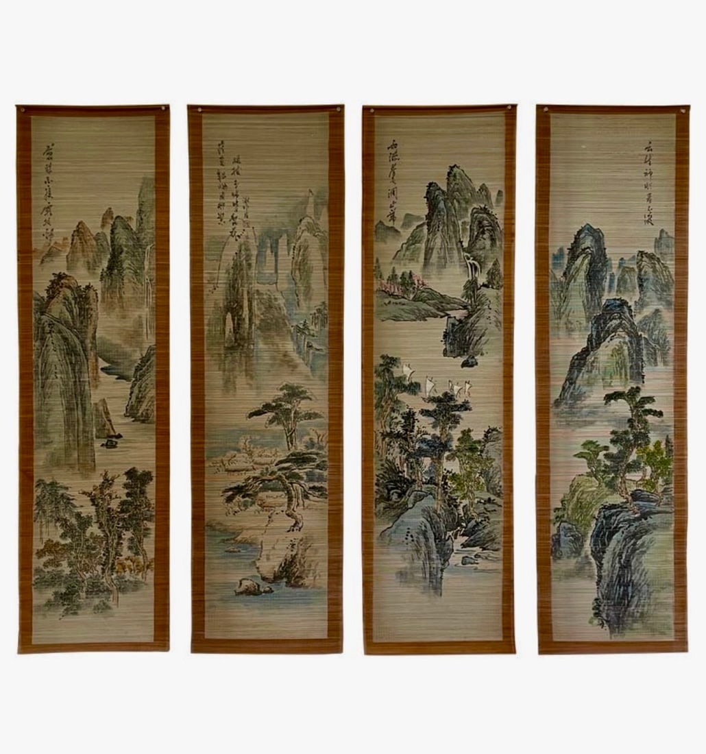 Set of 4 Early 20th Century Japanese Hand Painted Split Bamboo Scrolls (1 of 11)