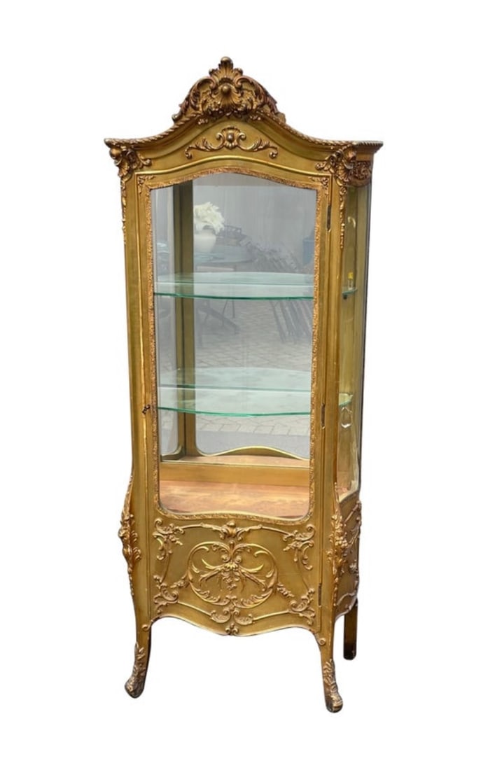Late 19th Century Curved Glass Ornate Gold Vitrine Small Curio Cabinet, France (1 of 11)