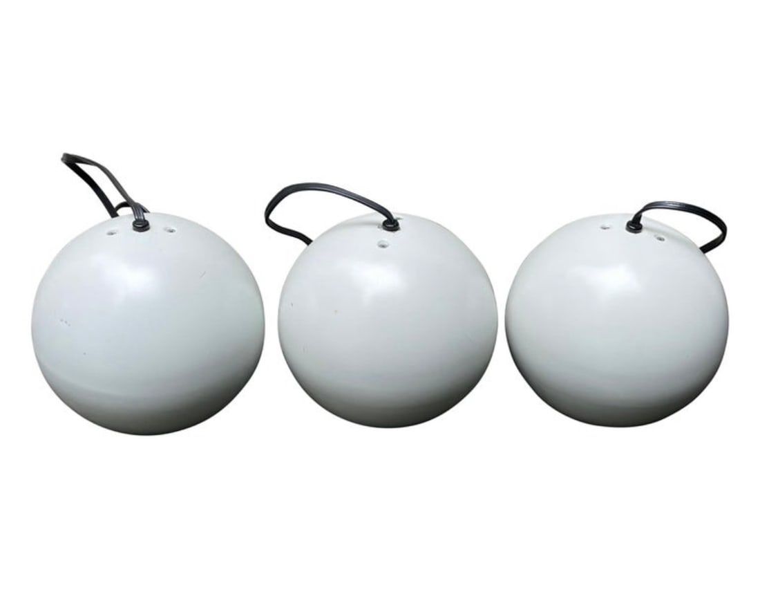 Set of 3 Mid Century Modern Round White Metal Eyeball Pendant Lights: Set of 3 Mid Century white round eyeball pendant lights.
