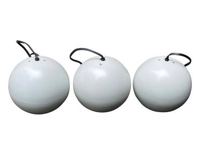 Set of 3 Mid Century Modern Round White Metal Eyeball Pendant Lights: Set of 3 Mid Century white round eyeball pendant lights.