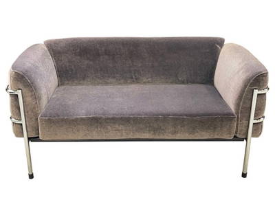Mid Century Streamline Moderne Loveseat, Chrome Base Gray Velvet Mohair Upholstery: Authentic vintage streamline moderne loveseat with wrap around chrome base and freshly reupholstered in gray velvet mohair. In the style of KEM Weber. Height: 30 in (76.2 cm)Width: 60 in (152.4 cm)Dep
