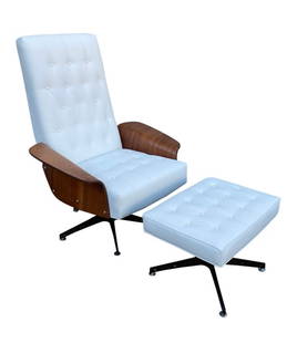 Mid Century Modern George Mulhauser Lounge Chair & Ottoman in White Faux Leather: Mid Century Modern George Mulhauser lounge chair and ottoman for Plycraft. Reupholstered in white faux leather, beautiful bentwood armrests, 1960's. Ottoman dimensions 24 x 17 x 16 tall.Height: 42 in