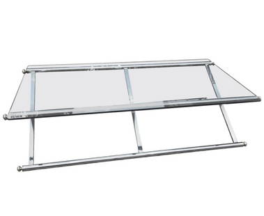 Mid Century Coffee Table Chrome & Glass, X-Frame Base, Maison Jansen Style: X-base coffee table in the style of Maison Jansen, new glass!Height: 15 in (38.1 cm)Width: 53.25 in (135.26 cm)Depth: 28 in (71.12 cm)