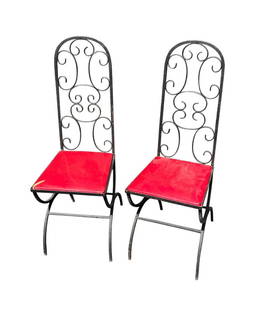 Mid Century Black Wrought Iron Side Chairs, Red Vinyl Seats, Arthur Umanoff: Pair of Mid Century Modern black wrought iron side chairs with red vinyl seats, Arthur Umanoff.Height: 38.5 in (97.79 cm)Width: 13.5 in (34.29 cm)Depth: 13.5 in (34.29 cm)Seat Height: 18 in (45.72 cm)