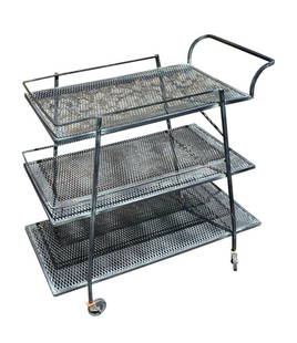 Mid Century Modern Black Wrought Iron Tiered Bar Cart, Russell Woodard Style: Mid Century Modern black wrought iron bar cart, Russell Woodard style.Height: 32 in (81.28 cm)Width: 36 in (91.44 cm)Depth: 18 in (45.72 cm)