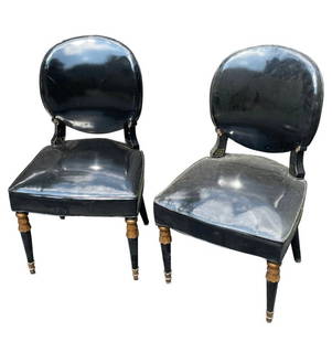 Pair of Mid Century Modern Black Patent Leather Side Chairs, James Mont Style: Pair of Mid Century Modern black patent leather side chairs with ornate turned wood legs, James Mont style.Height: 34 in (86.36 cm)Width: 20 in (50.8 cm)Depth: 19 in (48.26 cm)Seat Height: 17 in (43.1