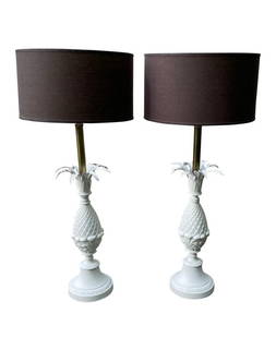 Pair of Hollywood Regency White Pineapple Table Lamps by Rembrandt: Pair of Hollywood Regency table lamps, pineapple shape with leafs, painted brilliant white, large scale.Height: 38 in (96.52 cm)Diameter: 8 in (20.32 cm)HARPS AND SHADES NOT INCLUDED.