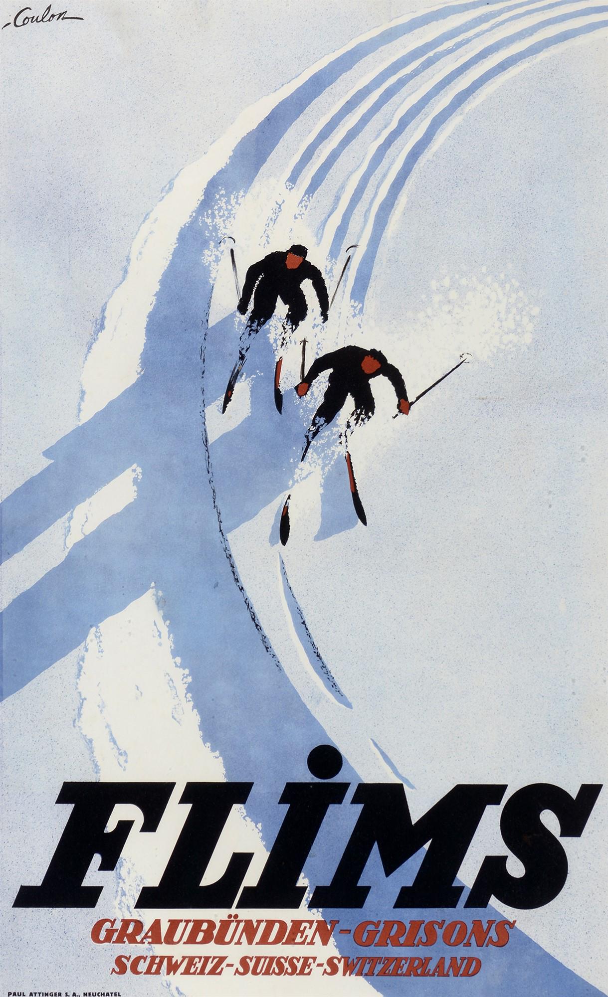Eric de Coulson - colour lithograph.: Eric de Coulson (Swiss 1886-1956) "Flims: Grandünden-Grisons, Schweiz-Suisse-Switzerland" - ski poster, colour lithograph c.1935, published by Paul Attinger, 98 x 61cms, framed. Sale Section/Category