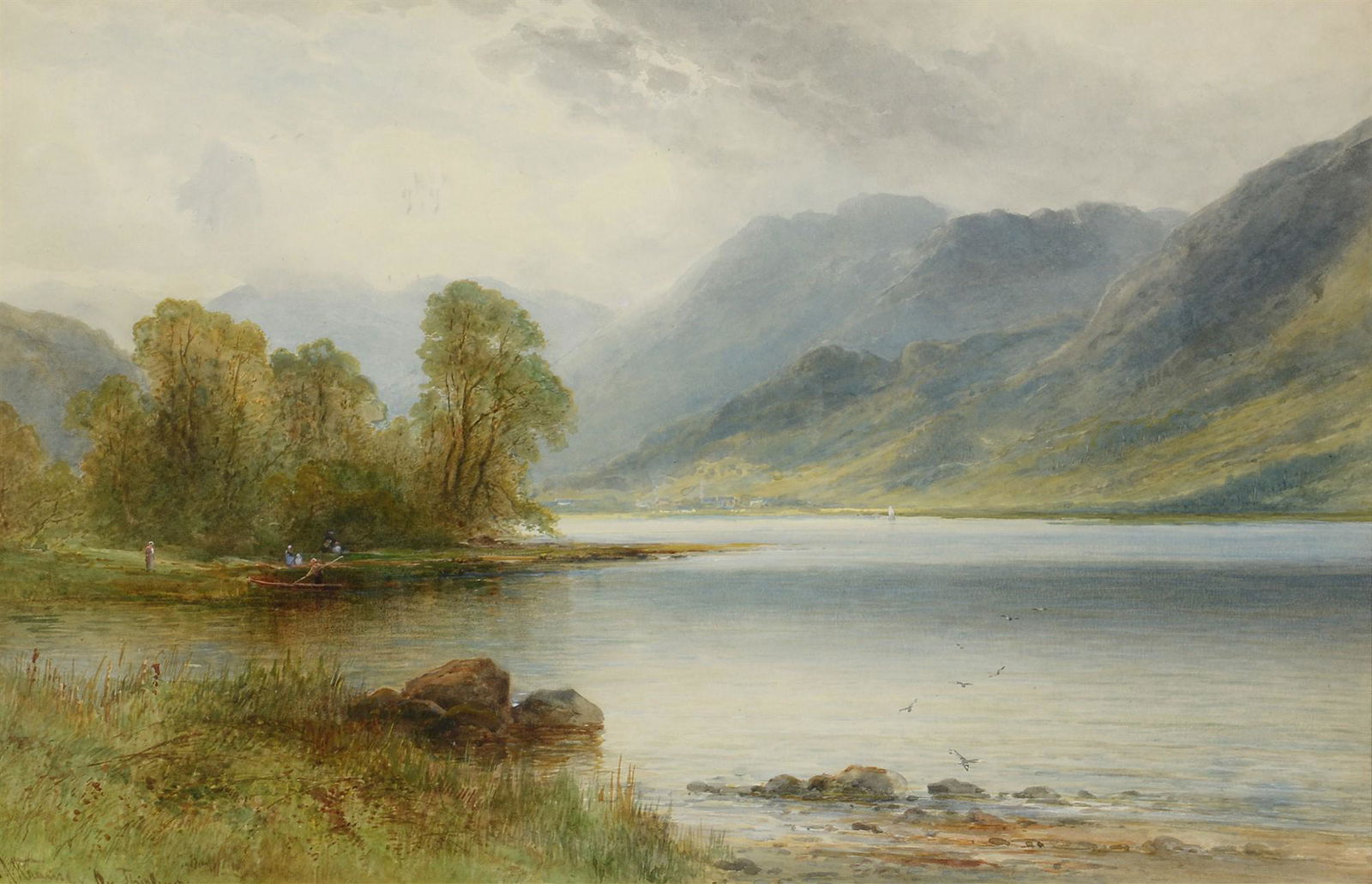 Emil Axel Krause - watercolour.: Emil Axel Krause (1867-1945) "On Thirlmere", signed and inscribed, watercolour, 34 x 52cms, framed. Sale Section/Category: Landscapes Artist Resale Rights: TRUE