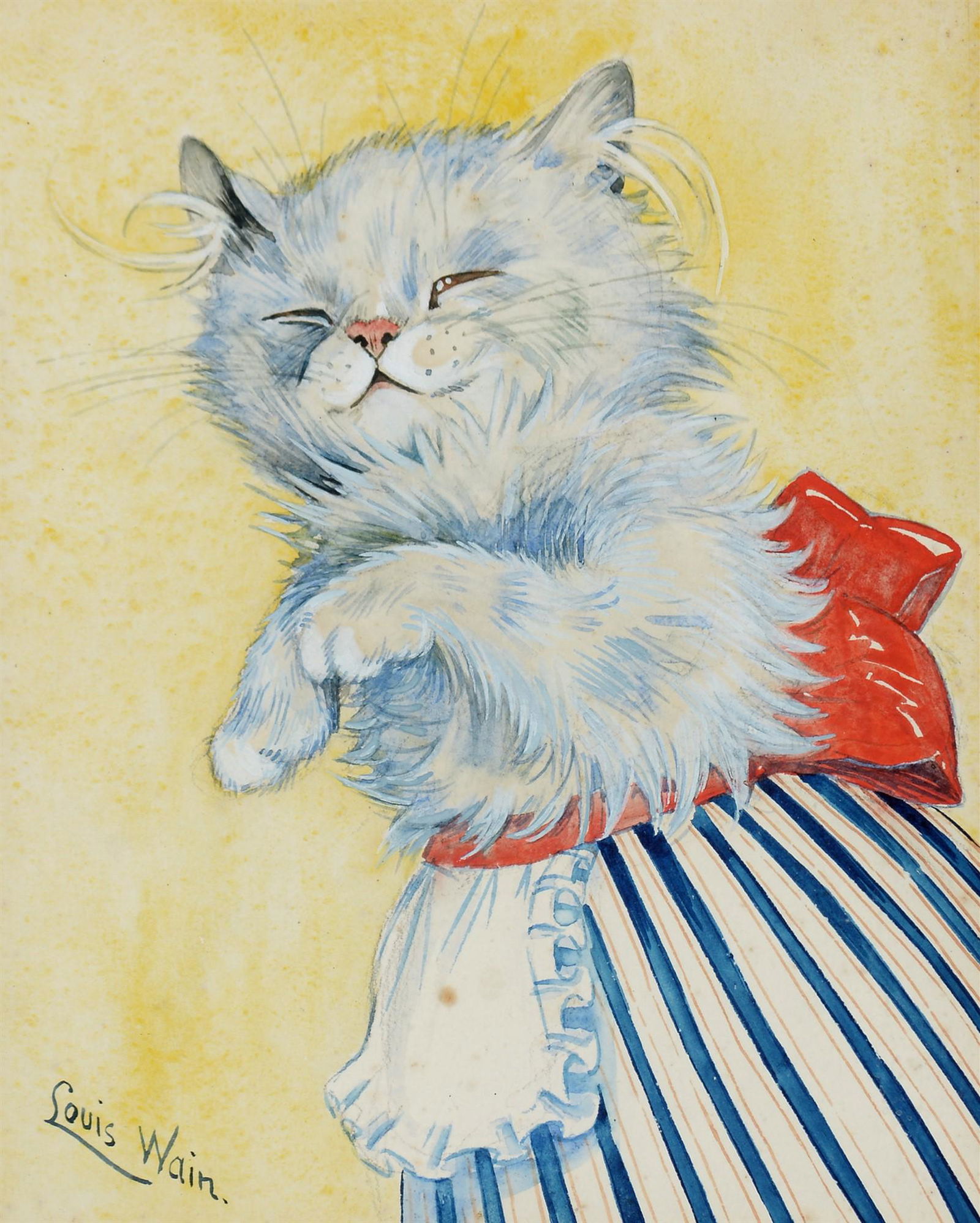 Louis Wain - watercolour.: Louis Wain (1860-1939) "Grub Up" - a humorous cat study, signed; inscribed with title verso, watercolour, 23 x 19cms, framed. Sale Section/Category: Animal/Sporting Artist Resale Rights: FALSE