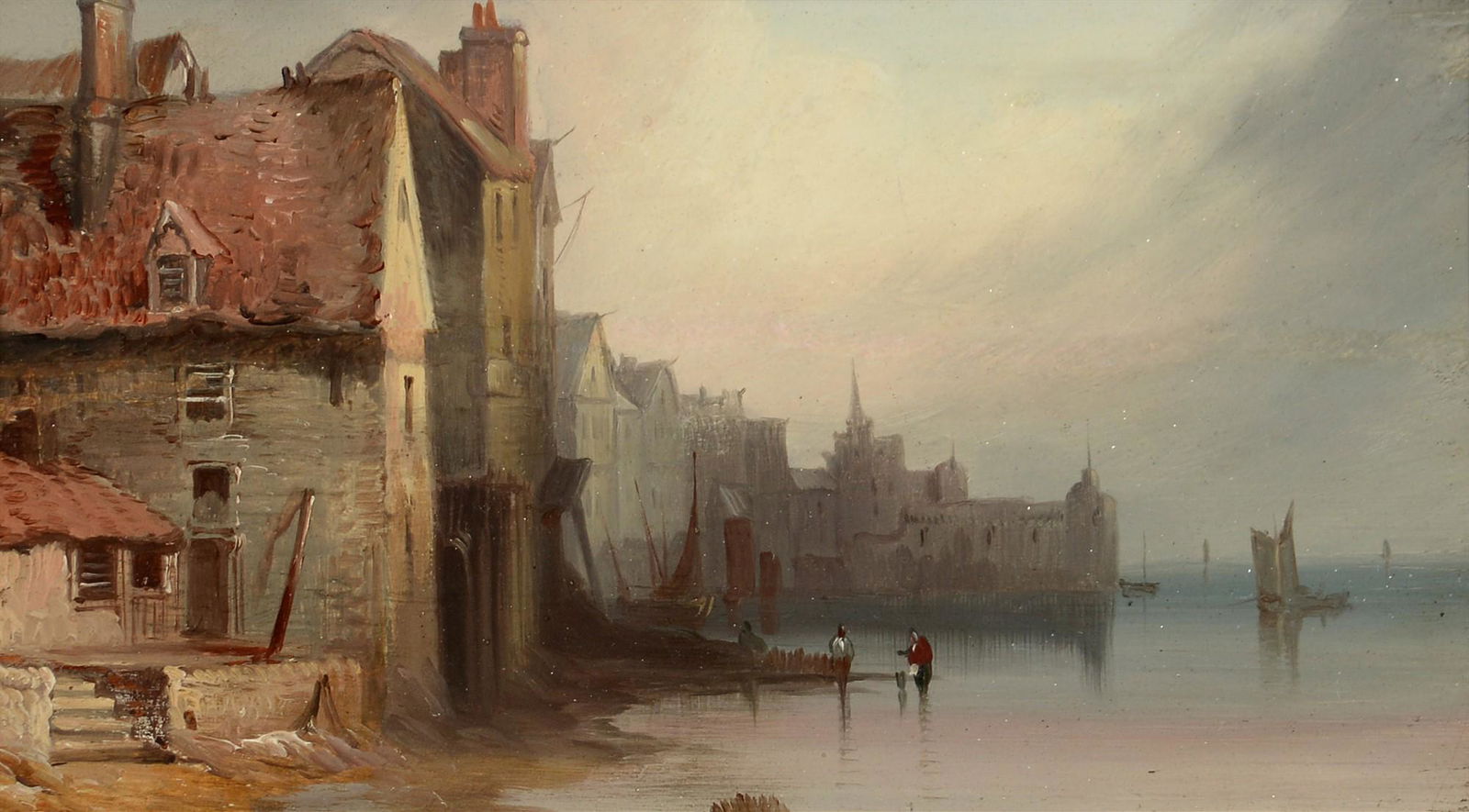 John Wilson Ewbank, RSA - oil.: John WIlson Ewbank, RSA (1799-1847) "View in Havre", signed and inscribed on a label verso, oil on panel, 13.5 x 25cms, framed. Sale Section/Category: Marine Artist Resale Rights: FALSE