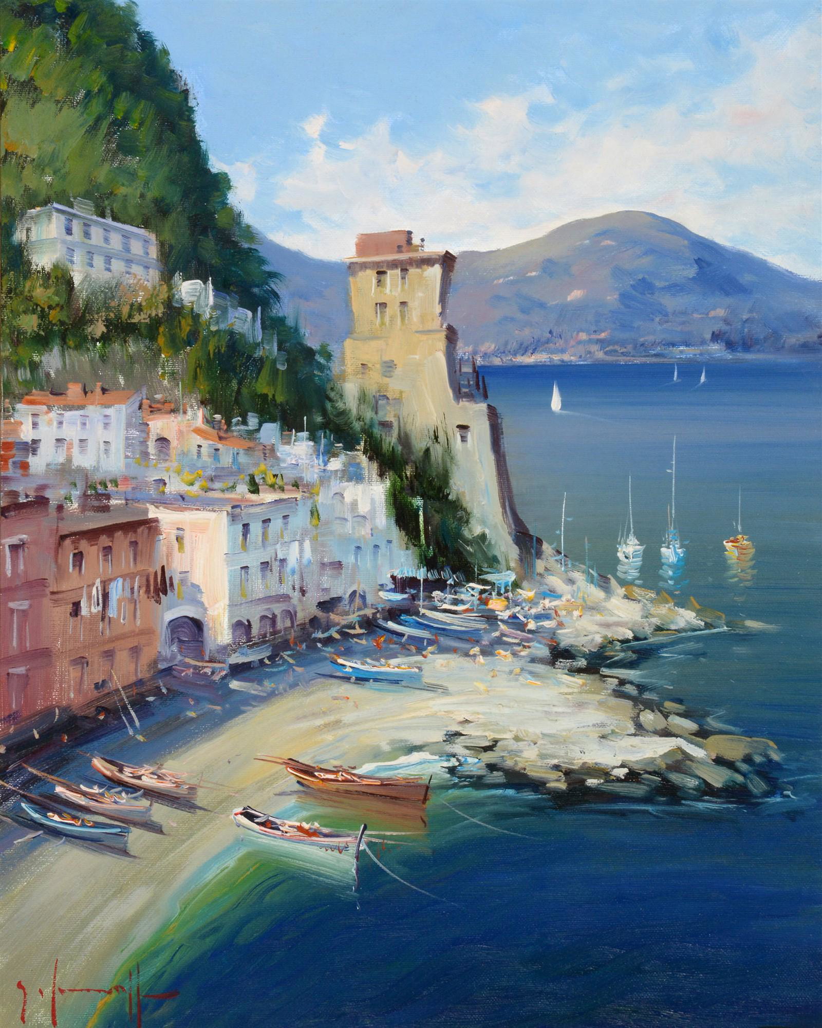 Giuseppe Iannicella - oil.: Giuseppe Iannicella (Italian b.1954) "Cetara" - a view on the Amalfi coast, signed; signed and inscribed verso, oil on canvas, 49.5 x 39cms, framed. Sale Section/Category: Landscape Artist Resale Righ