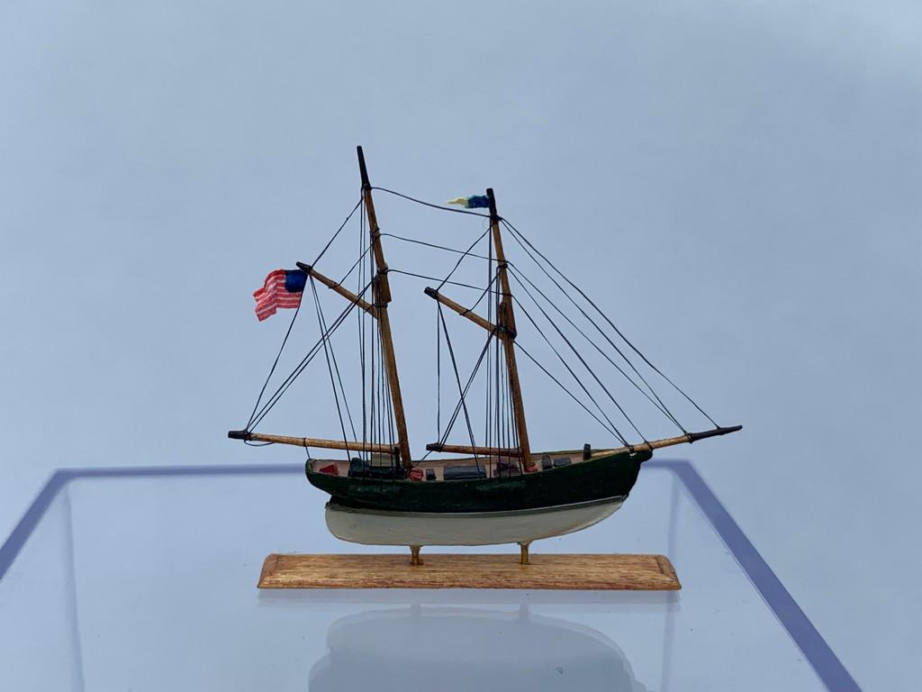 Hand Crafted Model Ship By Robert Shea: IGMA artisan Robert Shea made the model ship. The bottom is signed and dated '90. Detailed craftsmanship. Can be used for either 1:12 or 1:24 scale. Dollhouse Miniatures