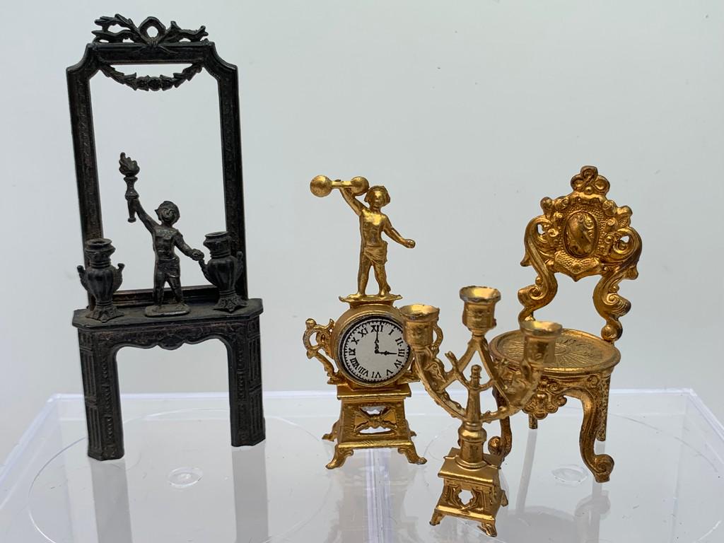 Antique Ormolu Clock, Candelabra, Chair - France: Vintage late 1800's Ormolu French clock, chair and candelabra. The fireplace is metal and vintage. Cherub dÃ©cor.