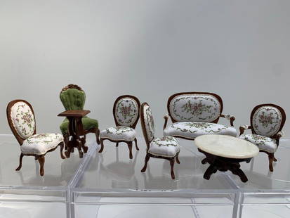 1/2" Scale Nancy Summers 6 pc Settee & Chairs Lot: Nancy Summers made the 6 piece set of 4 chairs and one settee that match. One armchair and three matching ladies chair compliment the settee. The floral décor on the cushions of the wooden carved c