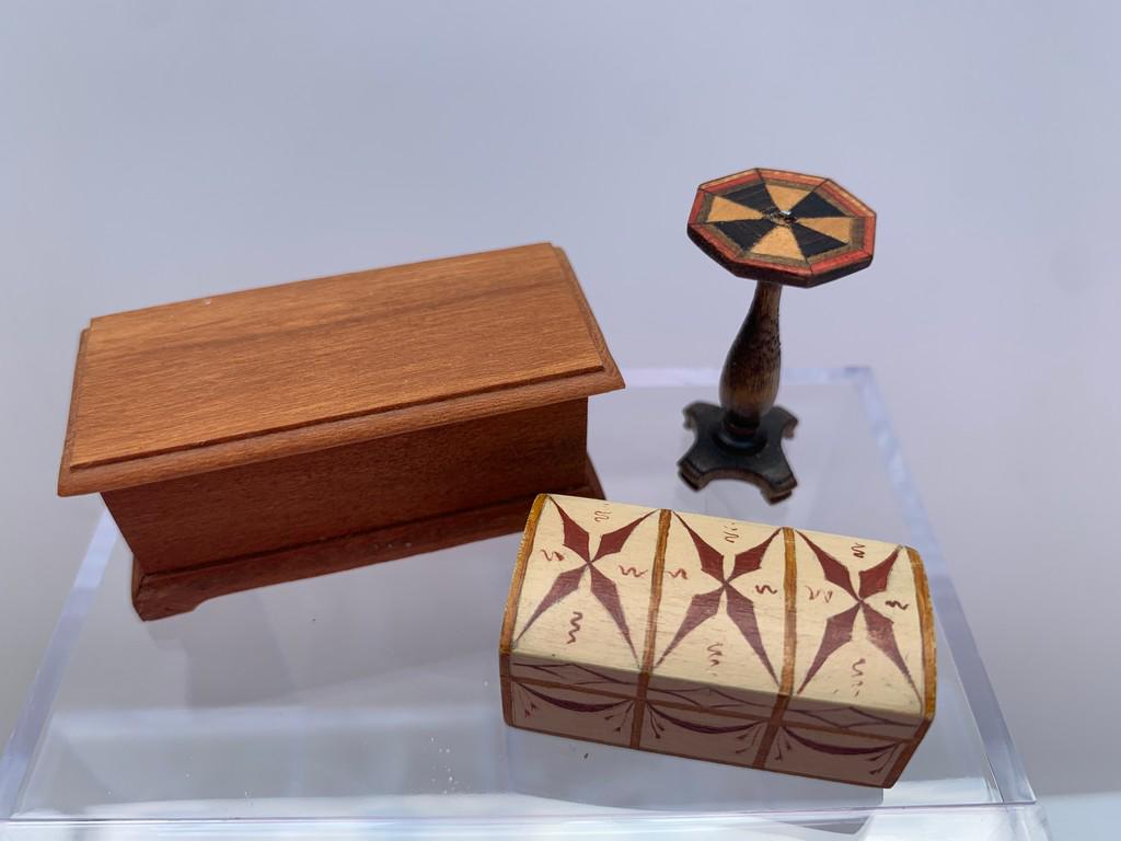 1/2" Scale Lot of 3, James Hastrich Painted Trunk: This is a lot with a James Hastrich hand painted wooden trunk, a Warren Dick handmade wooden trunk, and a side table that is unsigned with Inlay. All half scale hand crafted items. Dollhouse Miniature