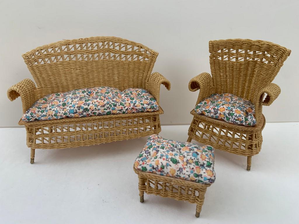 Natural Wicker Outdoor Patio Set - 3 Piece: 3 Piece wicker set with cushions. Sofa, chair and ottoman. Handmade and unsigned. Cushions are hand crafted and attached. Measurement for sofa
