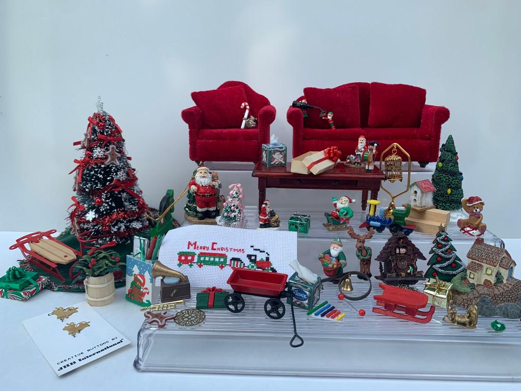 Large Christmas Lot w/ Tree, Red Sofa Set & Acc.: Large variety of Christmas accessories, gingerbread decorated Christmas tree, red sofa and chair set, cuckoo clock, and more.