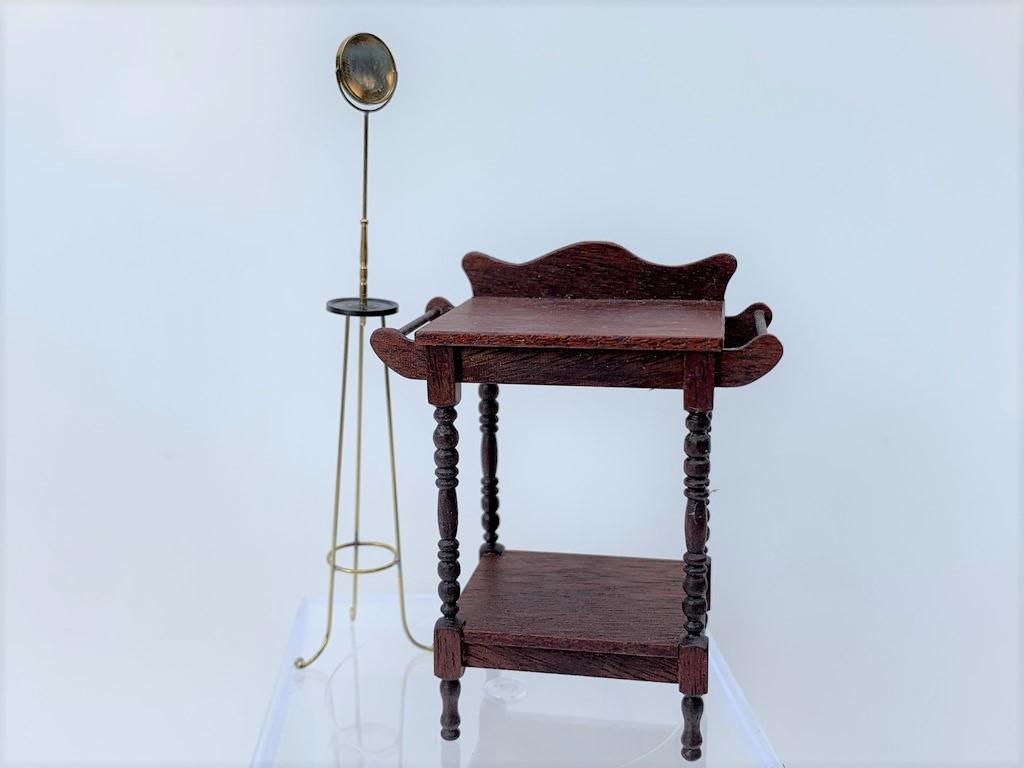1/2" Lawrence St. Ledger Shaving Stand & MR Table: This is a half scale dollhouse miniature Lawrence St. Ledger metal Shaving Stand with a mirror. The wooden wash stand is also half scale, and hand crafted by May Rogers. Measurement for shaving stand.